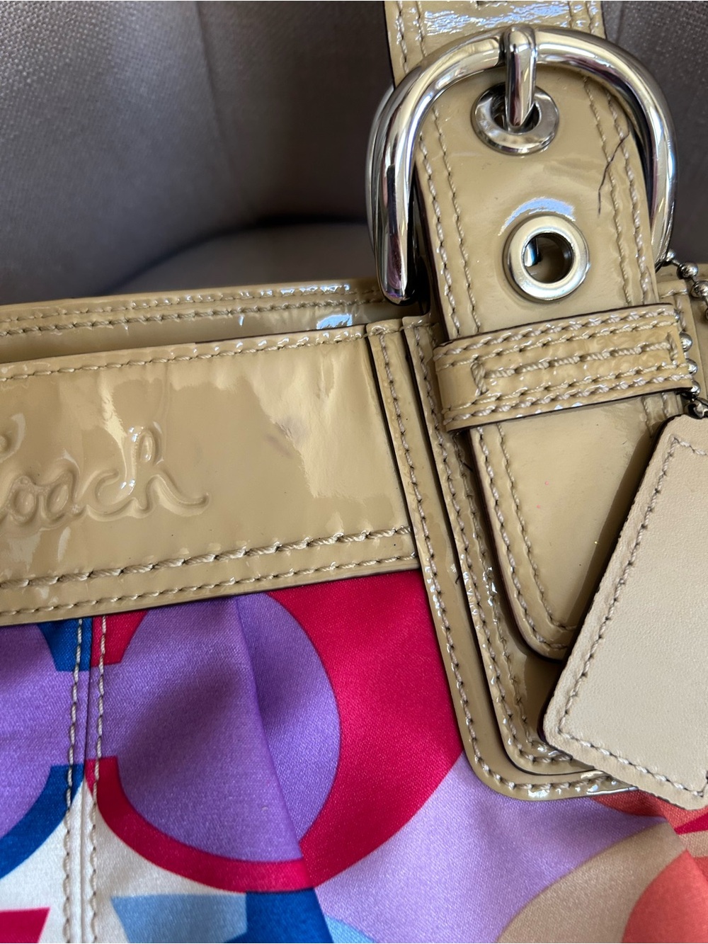 Coach Multicolor Circle Print Shoulder Bag with Beige Patent Trim - Picture 9 of 14